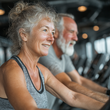 Група літніх людей займається йогою на свіжому повітрі